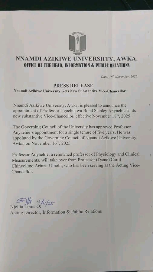 UNIZIK Appoints Professor Ugochukwu Stanley Anyaehie as New Vice-Chancellor